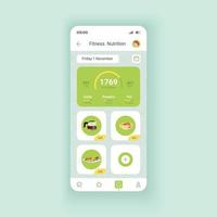 fitness nutrition mörk smartphone gränssnitt vektor mall. siddesign för mobilappar. hälsosam kostchef. skärm för dagliga måltidsprogram. platt UI för applikation. telefonens display