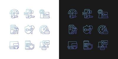 Passwortanforderungen Farbverlaufssymbole für den dunklen und hellen Modus. Sicherheit im Cyberspace. dünne Linie Kontursymbole bündeln. isolierte Vektor-Umriss-Illustrationen-Sammlung auf Schwarz und Weiß vektor