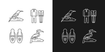 singaporesiska fågelarter linjära ikoner inställda för mörkt och ljust läge. traditionell singapore kostym. tropisk fågel. anpassningsbara tunna linjer symboler. isolerade vektor kontur illustrationer. redigerbar linje