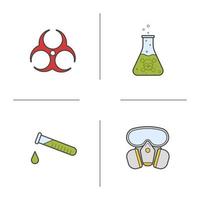 Farbsymbole der chemischen Industrie festgelegt. Gasmaske, Gefahrenflüssigkeit, chemischer Test und Biohazard-Symbol. isolierte vektorillustrationen vektor
