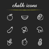 frukt och grönsaker krita ikoner set. äpple, vattenmelonskiva, citronhalva, aubergine, broccoli, svamp, majs, paprika, ananas. isolerade vektor svarta tavlan ritningar