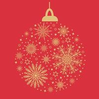 christmas ball grannlåt, dekoration glödlampa bubbla siluett med gyllene snöflingor och snö på röd bakgrund. sött nytt år, vintersemester ClipArt, designelement för gratulationskort, inbjudan, banner vektor