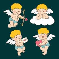 söt cupid tecknad serie uppsättning av fyra tecknad serie cupid med rosett och pil, hjärta, och vektor