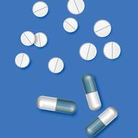 illustration av omgång av folie blåsa förpackningar med medicin piller på turkos blå bakgrund. läkemedel utveckling vektor