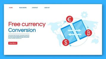 gratis valutaomvandling målsida vektor mall. finansiell transaktion webbplats gränssnitt idé med platta illustrationer. layout för internationella pengaröverföringar. webbbanner, webbsida koncept