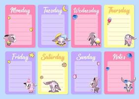 Süße Esel Wochenplaner Vektorvorlage mit kawaii Zeichentrickfigur. Notizblock, Tagebuchseiten-Design-Layouts mit Kopienraum für tägliche Notizen und Listen. Mädchenhaftes persönliches Organizer-Vektormodell vektor