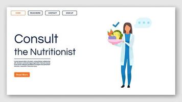 nutritionist rekommendationer målsida vektor mall. konsulterande dietist webbplats gränssnitt idé med platta illustrationer. hälsosam mat hemsida layout. webbbanner, webbsida tecknad koncept