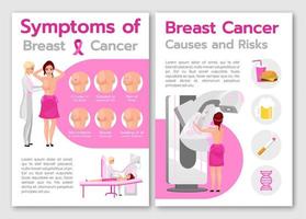bröstcancer symptom broschyr mall. flygblad, häfte, broschyrtryck, omslagsdesign med platta illustrationer. bröstscreening. vektor sidlayouter för tidskrifter, årsredovisningar, reklamaffischer
