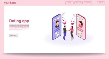 Dating-App-Webseiten-Vektorvorlage mit isometrischer Illustration. Personen soziales Netzwerkprofil. reale Bekanntschaft, Messaging-Website-Schnittstelle. Geselligkeit rosa Webseite, mobile App 3D-Konzept vektor