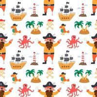 pirat med papegoja, skepp, bläckfisk och ö, vektor sömlösa mönster i platt tecknad stil