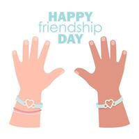 zwei Kinder- Hände mit Armbänder auf Welt Freundschaft Tag vektor