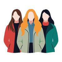 tre ansiktslös kvinna vänner bär vinter- jackor med annorlunda poserar, kvinna dag vektor