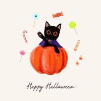 süße halloween schwarze kätzchen auf der kürbis winkenden hand vektor