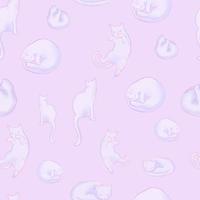 nahtloses Muster mit weichen, süßen Pastellkatzen auf violettem Hintergrund. Vektoreps 10 vektor