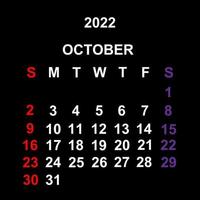 oktober 2022, kalendermalldesign över svart bakgrund. veckan börjar på söndag. vektor