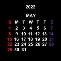maj 2022, kalendermalldesign över svart bakgrund. veckan börjar på söndag. vektor