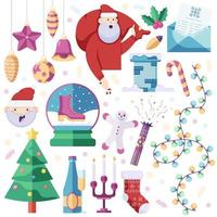 Weihnachtsset mit Sekt, Kandelaber, Mistel, Socken für Geschenke, Brief für Weihnachtsmann und Weihnachtsbaum im flachen Stil. vektor