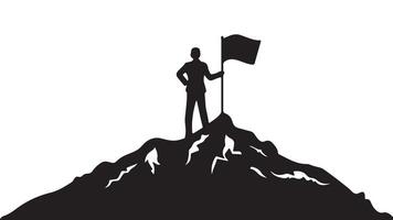 Silhouette von ein Mann Stehen auf oben von ein Berg halten ein Flagge vektor