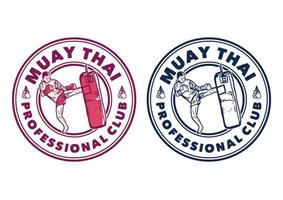 logo design muay thai professional club mit mann kampfkünstler muay thai tretender boxsack vintage illustration vektor