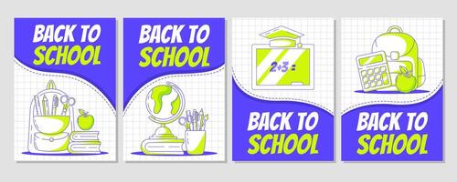 uppsättning av tillbaka till skola affisch, modern minimalistisk design med skola förnödenheter. ryggsäck med brevpapper, klot, svarta tavlan, kalkylator. utbildning, inlärning begrepp. för baner, omslag, flygblad. a4 vektor