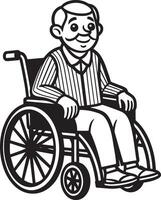 alt Mann im Rollstuhl - - schwarz und Weiß Karikatur Illustration, vektor