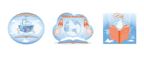 Welt Buch Tag. Welt Buch Tag Poster Welt Globus Charakter und Buch. Welt Buch Tag Poster Planet Erde. einstellen eben modern Illustration vektor