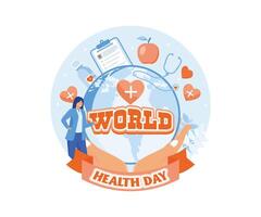 Welt Gesundheit Tag auf April 7 .. mit Erde und medizinisch Ausrüstung zum das Bedeutung von gesund und Lebensstil. eben modern Illustration vektor