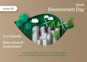 affisch av grön stad och miljö begrepp, värld miljö dag i origami papper skära och isometrisk stil med illustration design. vektor