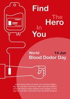 hand av mänsklig delning blod med lydelse av blod givare dag och exempel texter på röd Färg bakgrund. affisch kampanj av värld blod givare dag i platt stil och design. vektor