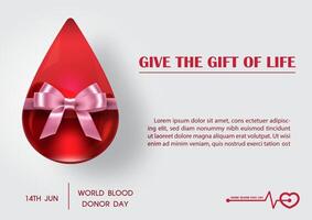 jätte blod liten droppe i glas stil med rosa rosett och slogan, lydelse av värld blod givare dag på vit bakgrund. affisch kampanj av värld blod givare dag i design. vektor