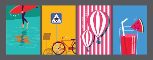 Sommer- Layout Satz, Poster Banner Vorlage, eben Design, bunt minimal Illustration vektor