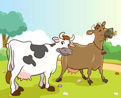 Illustration von Kühe mit braun und schwarz Flecken. das Kuh ist Stehen, Weiden. Bauernhof Tiere vektor