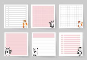 ein einstellen von Notizbuch Seiten mit süß Katzen. Vorlage zum Planung, machen Liste, Täglich Zeitplan, Blatt zum Anmerkungen und andere Erinnerungen. vektor
