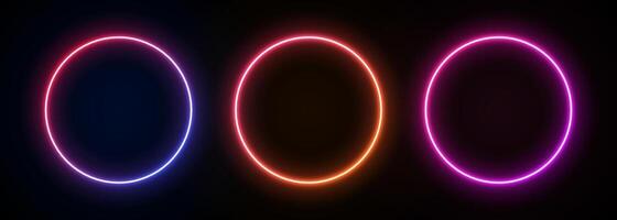 neon runda ram. lutning led cirkel gräns på svart bakgrund. 3d trogen baner ringa. mall med ljus laser sfärer. elektrisk fluorescerande portaler. vektor