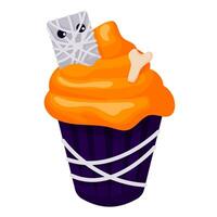 halloween muffin med ben och orange glasyr. tecknad serie stil. Lycklig halloween cupcake. illustration isolerat på en vit illustration. vektor