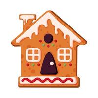Lebkuchen Plätzchen Haus im Karikatur Stil. Urlaub Winter Symbol, festlich behandelt. Weihnachten, Winter hausgemacht Süßigkeiten im gestalten von Haus. Illustration isoliert auf ein Weiß Hintergrund. vektor