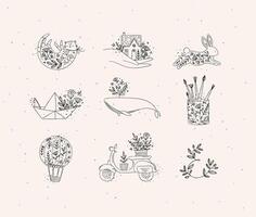 blommig element hus, katt, kanin, origami båt, val, glas med borstar, smartphone, skoter teckning i handritning stil med svart på beige bakgrund vektor