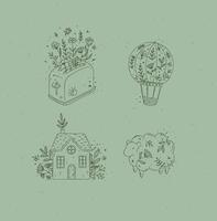 Hand gezeichnet heiß Luft Ballon, Toaster, Dorf Haus, Schaf Symbole Zeichnung im Blumen- Stil auf Grün Hintergrund vektor
