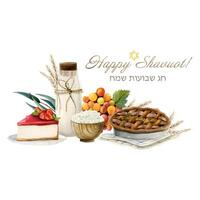 Aquarell glücklich Shavuot horizontal Banner mit Grüße. Urlaub Illustration mit Weizen, Milch, Apfel Kuchen, Trauben vektor