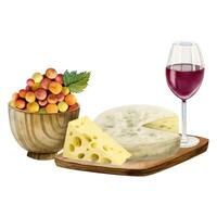 Aquarell schweizerisch Käse, Camembert, Schimmel Käse mit Trauben im Bogen, rot Wein Glas Illustration. Hand gezeichnet Vorspeise vektor