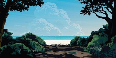 silhuett träd med buske förgrund ha de strand och tropisk blå hav bakgrund grafisk illustrerad. semester reser begrepp platt design. vektor
