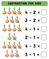 Subtraktion Spiel mit Zwiebeln. mathematisch Spiel zum Kindergarten und Vorschulkinder. druckbar Blatt. Illustration vektor