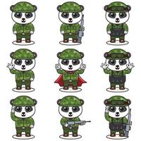 süß Panda Soldat im tarnen Uniform. Karikatur komisch Panda Soldat Charakter mit Helm und Grün Uniform im anders Positionen. komisch Tier Illustration Satz. vektor
