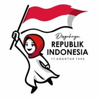 kvinna löpning bärande indonesiska röd och vit flagga vektor