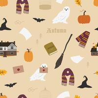 Herbst Magie Illustration mit ein Haus, Besen, Eule, Buch vektor