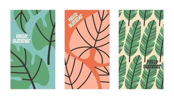 Hallo Sommer- Poster einstellen mit tropisch Blätter im eben Stil. Kunst zum Poster, Postkarte, Mauer Kunst, Banner Hintergrund vektor