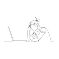 kontinuierlich einer Linie Frau Sitzung im Vorderseite von Laptop stützen ihr Kopf mit ihr Hand. Illustration. vektor