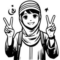 schwarz und Weiß Silhouette von ein Muslim Kerl zeigen das Frieden Zeichen kritzeln vektor
