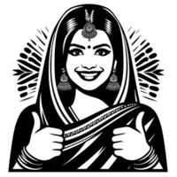 svart och vit silhuett av en grupp av en kvinna indisk kvinna innehav tummen upp i en tillfällig utrusta sari vektor