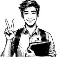 schwarz und Weiß Silhouette von ein Schüler Kerl zeigen das Frieden Zeichen kritzeln vektor